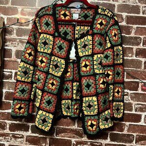 April Cornell Black Crochet Cardigan – Floral Granny Square – Size Small